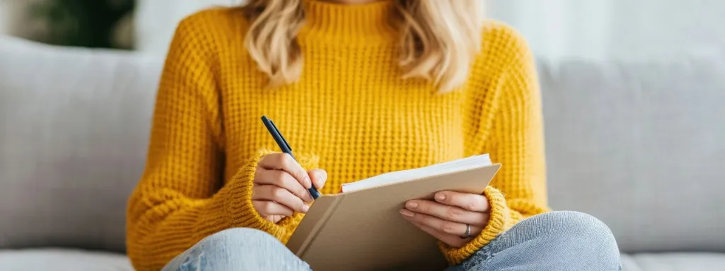 Woman in a yellow knit sweater writing in a personal journal diary, managing everyday responsibilities and caregiver schedules