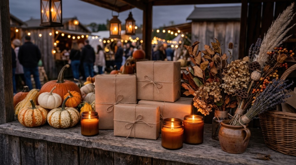 Amber glass candles, brown paper wrapped gifts, and dried florals at a market stall