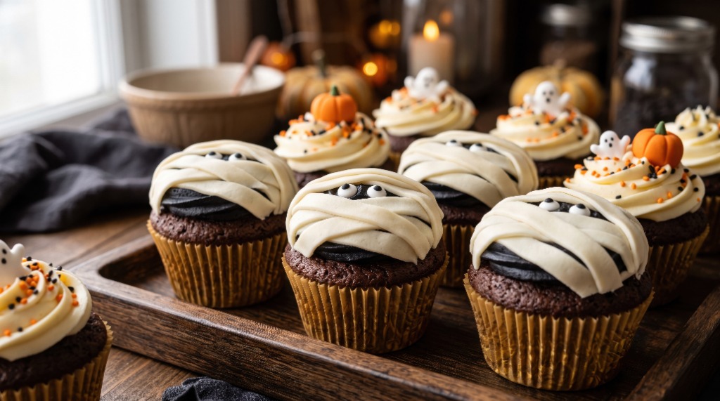 Festive autumn and holiday cupcakes topped with pumpkin candies and ghost sprinkles