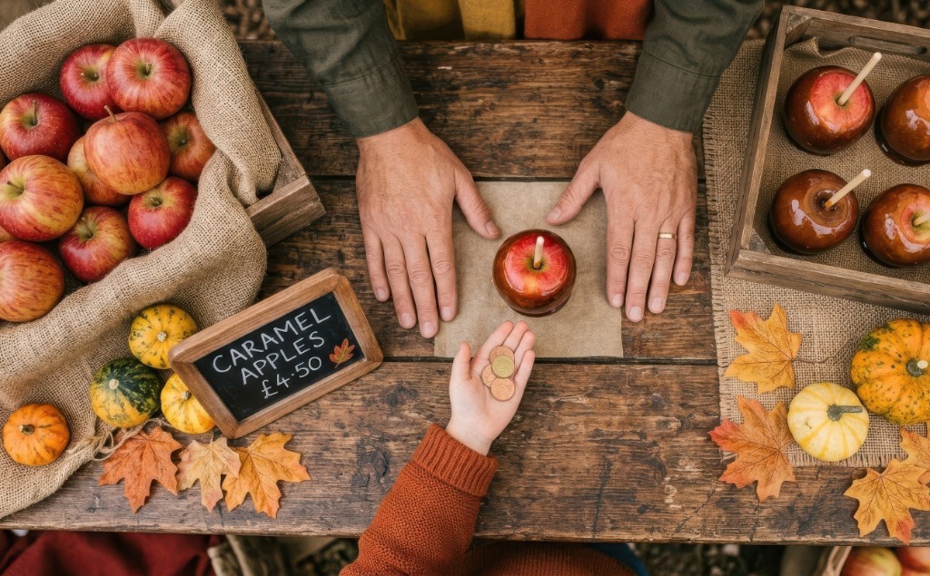 Caramel apples, autumn leaves, and rustic holiday market treats on a wooden table