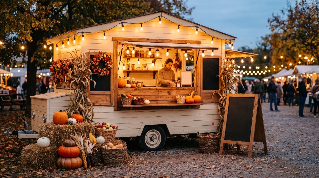 Warmly lit vintage market trailer decorated with harvest apples, pumpkins, and corn stalks
