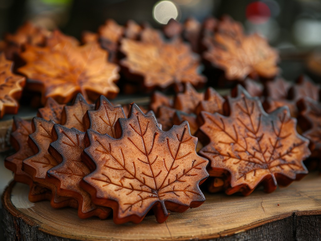 Handcrafted maple leaf cookies on a rustic wood slice