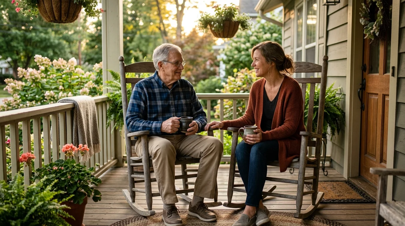 Senior father and adult daughter sitting together on a welcoming front porch having a heartfelt conversation