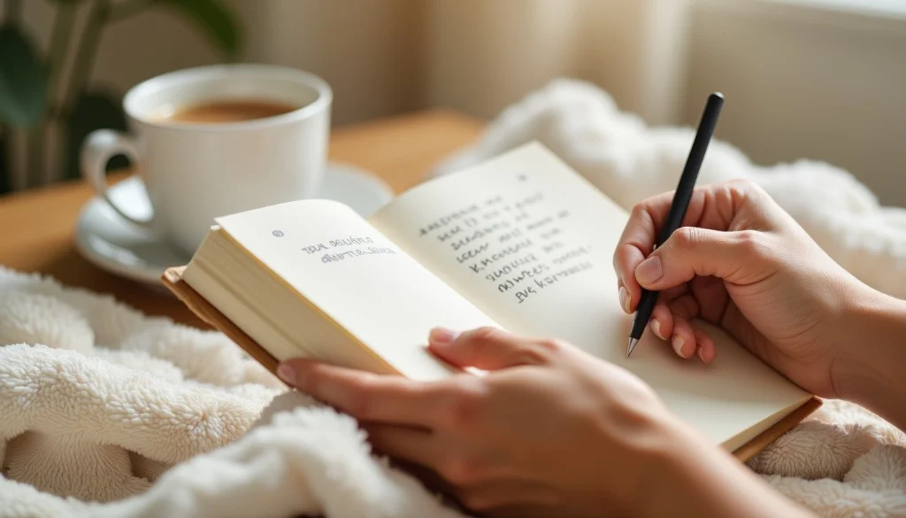 Close-up of hands writing in a journal notebook with a warm cup of coffee and cozy blanket in the background