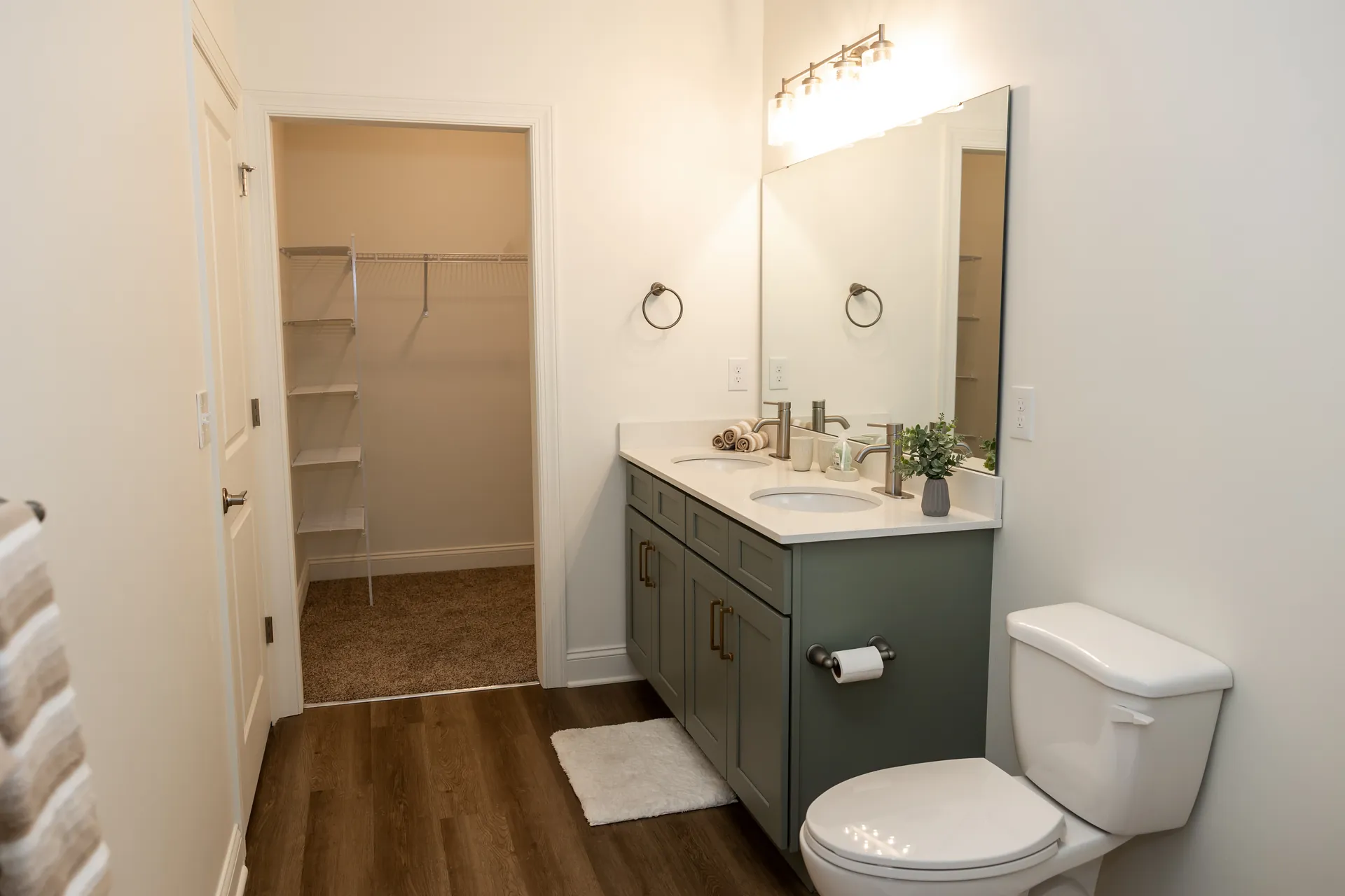 The Cottages bathroom with vanity and walk-in closet